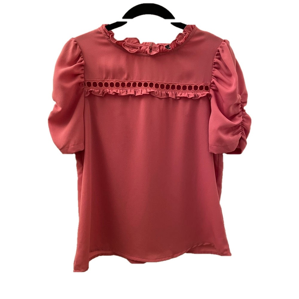 Milk & Honey Dusty Rose Puff Sleeve Blouse with Ruffle & Ladder Eyelet Lace M